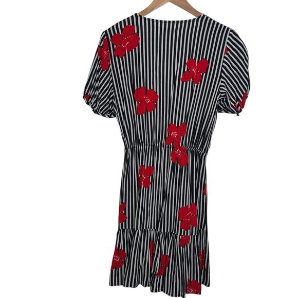 Madewell Size 2 Bianca Ruffle Wrap Dress Red Floral On Black Stripe - Picture 6 of 9